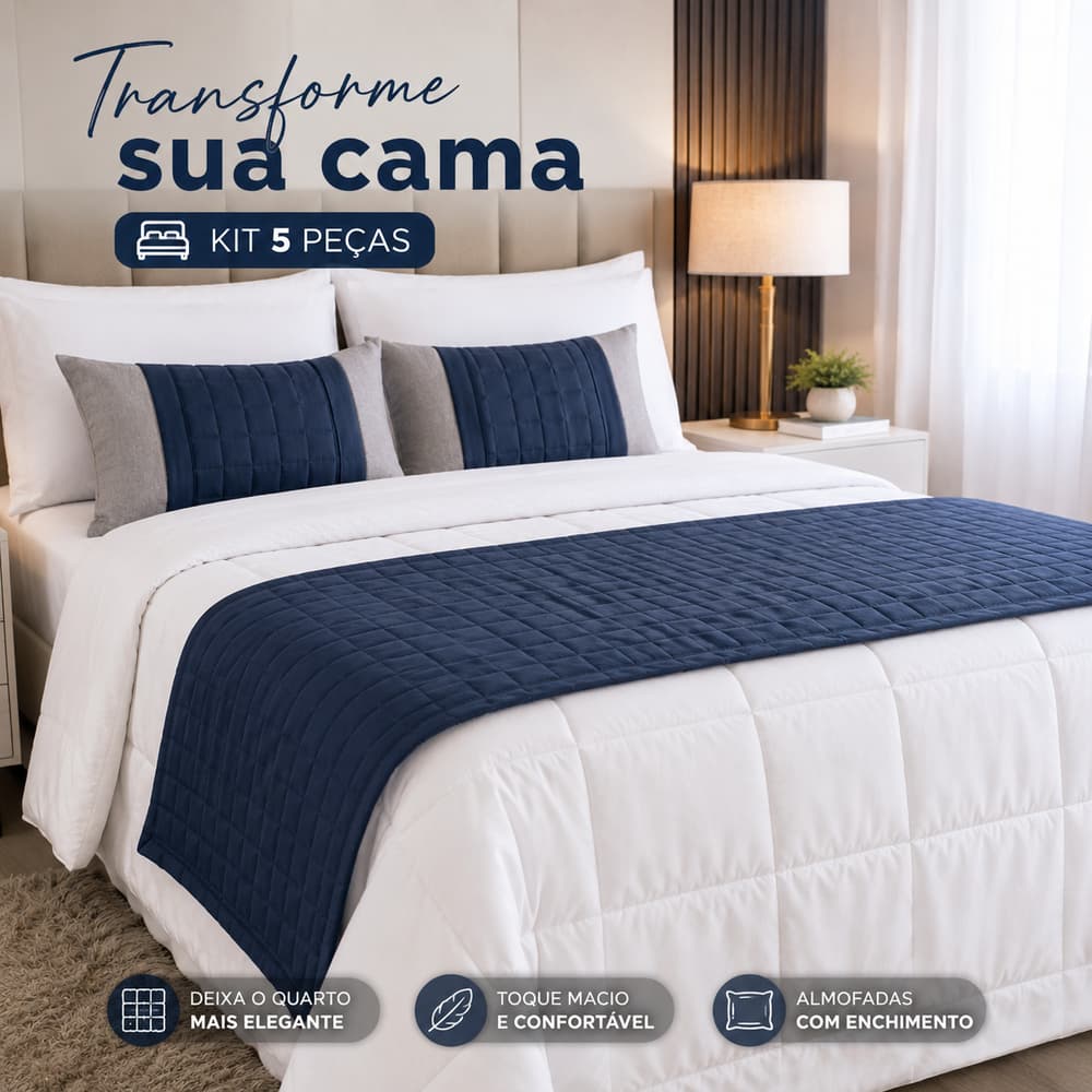 Kit Peseira Cama Casal Queen 5 Peças 300 Fios Almofadas Cheias Copacabana