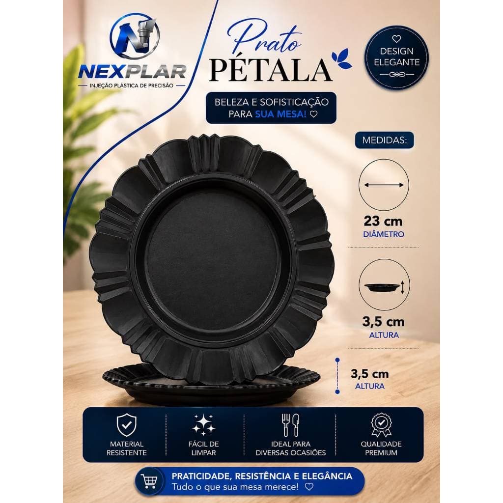 KIT 10 PRATO PRETO PÉTALA PLÁSTICO FUNDO REUTILIZÁVEL RESISTENTE CHURRASCO JANTAR BUFFET PORÇÕES EVENTOS PETISCOS DIA AD