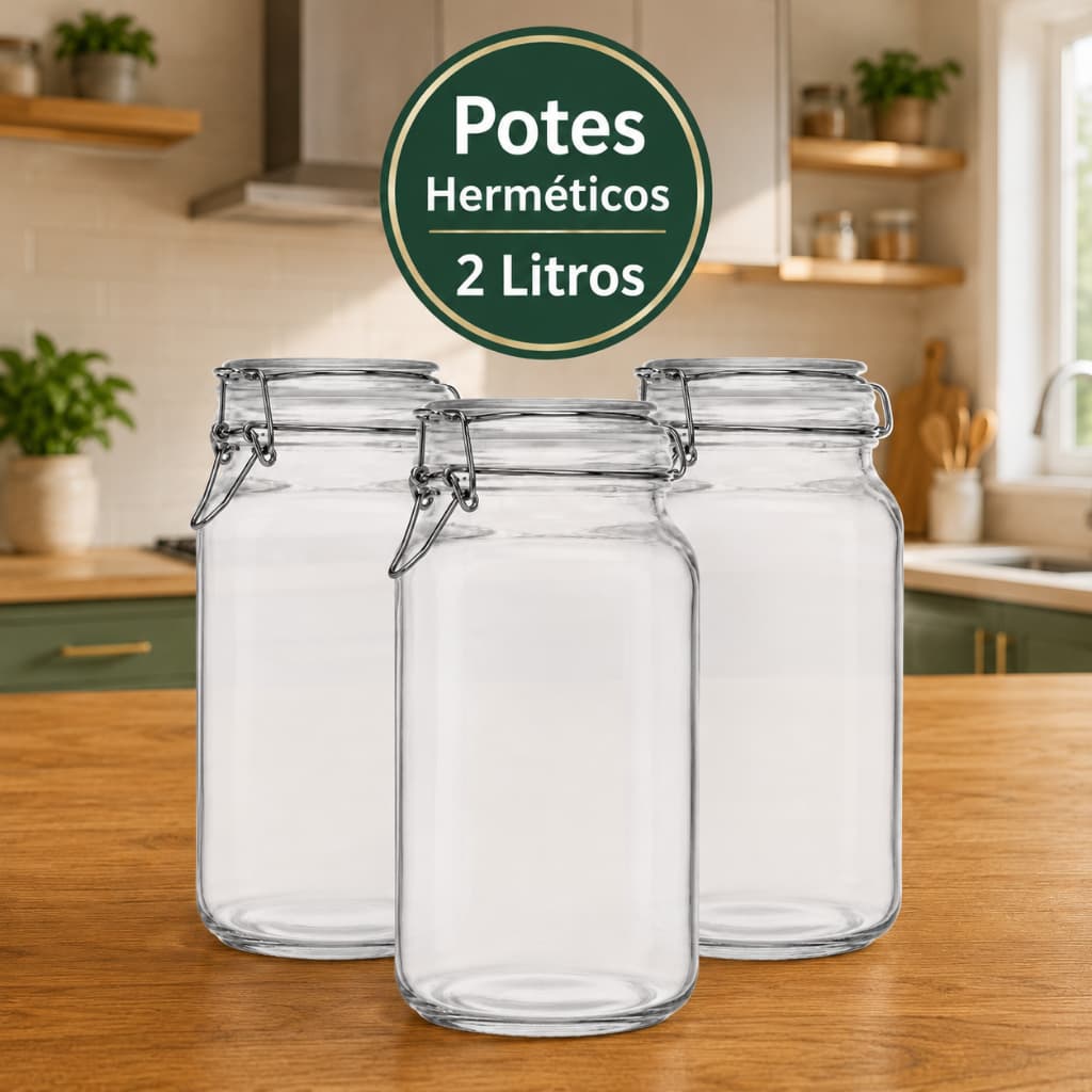 Pote de Vidro com vedação Hermética e Trava de Inox - 2 Litros - Pote de Vidro Ideal para mantimentos