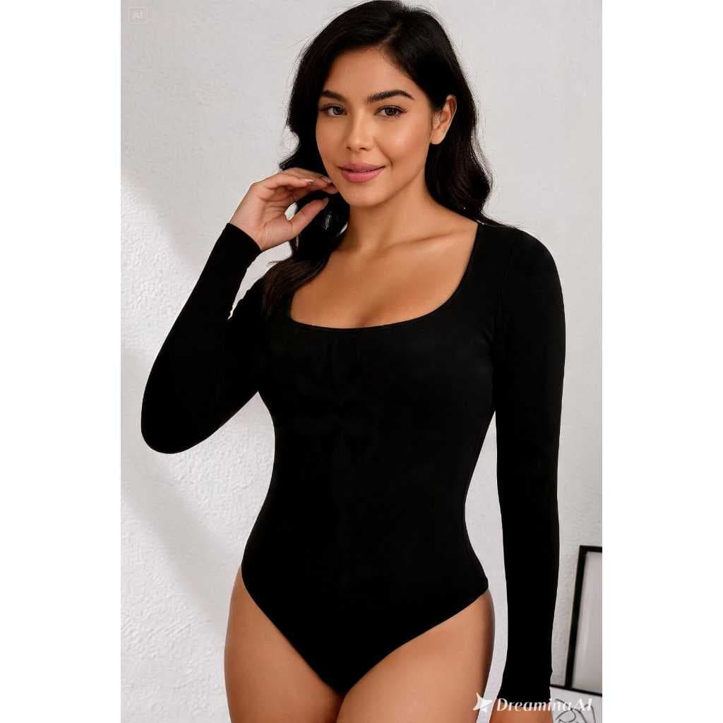 Body Feminino Manga Longa Com Detalhe Decote Quadrado com Forro Em Suplex / Blusa Bore Manga Longa