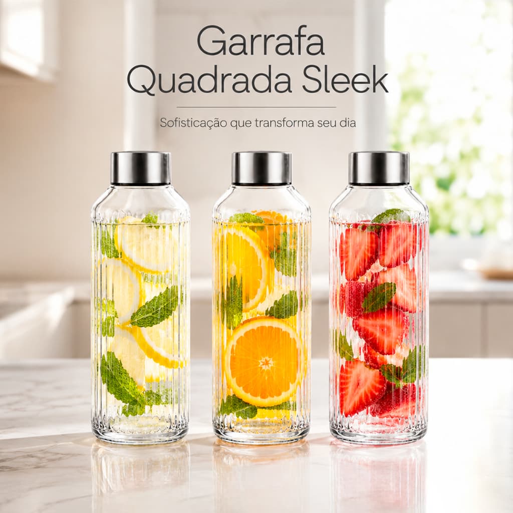 Garrafa Vidro Sleek Tampa Hermética Inox 1 Litro Geladeira Suco Água Leite Elegante