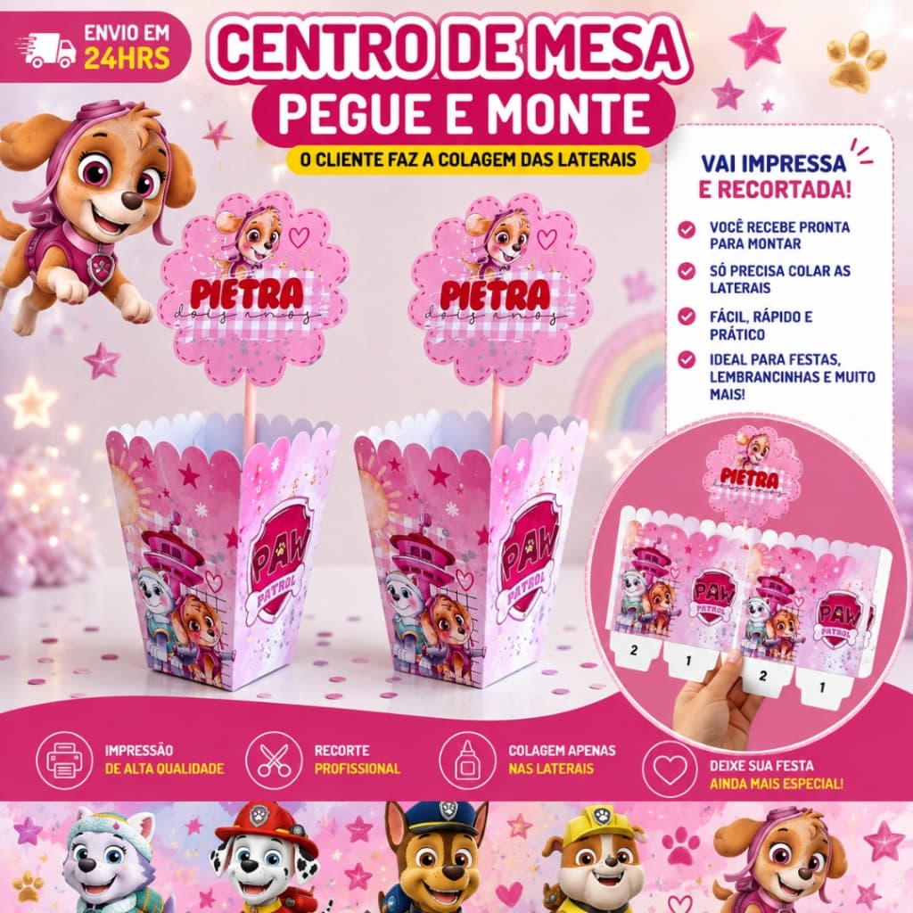 Kit 10 Centro de mesa Patrulia Canina Menina Personalizados /Lembrancinha de Festa /Aniversário PEGUE E MONTE