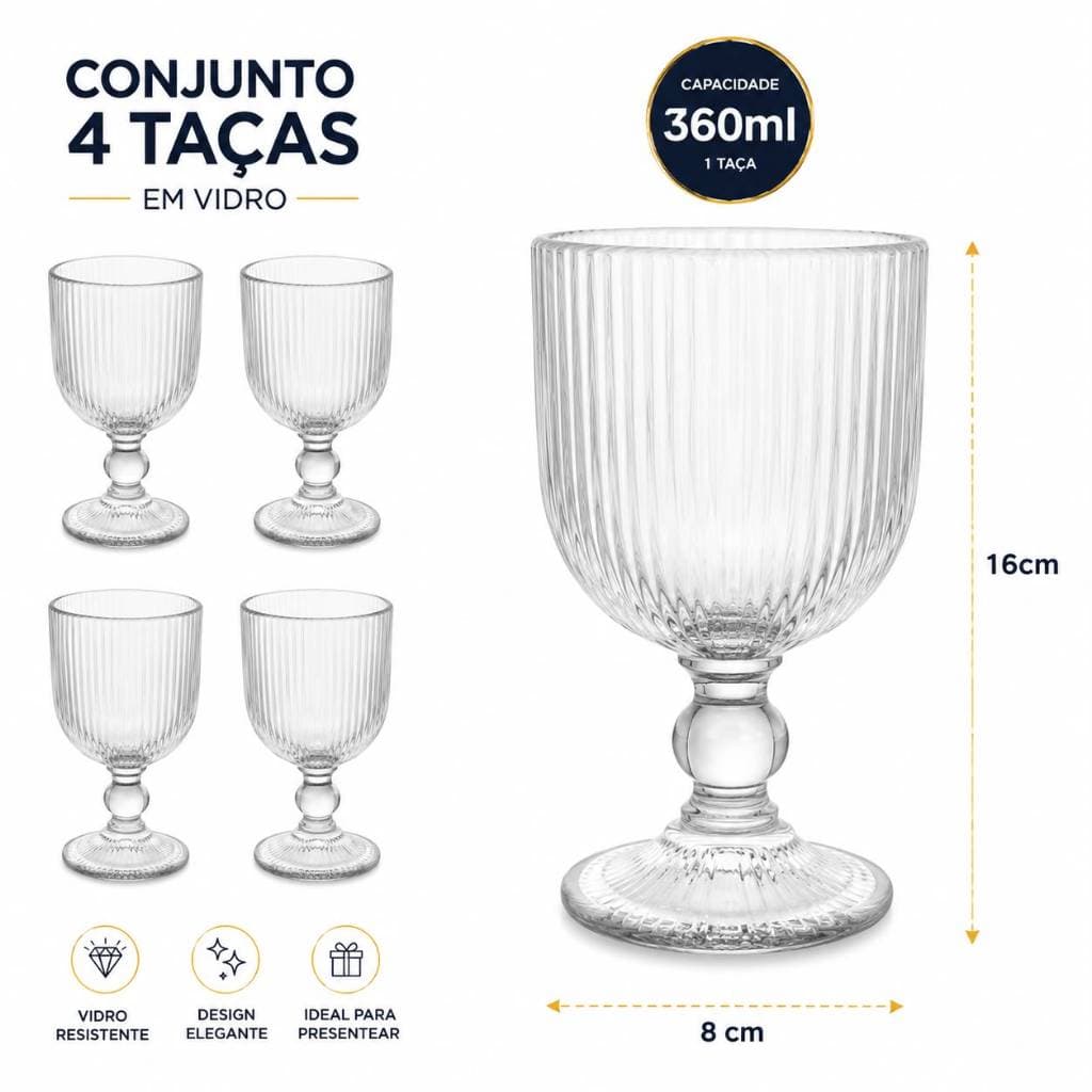 Conjunto com 4 Taças de Vidro 360ml – Elegância para compartilhar bons momentos