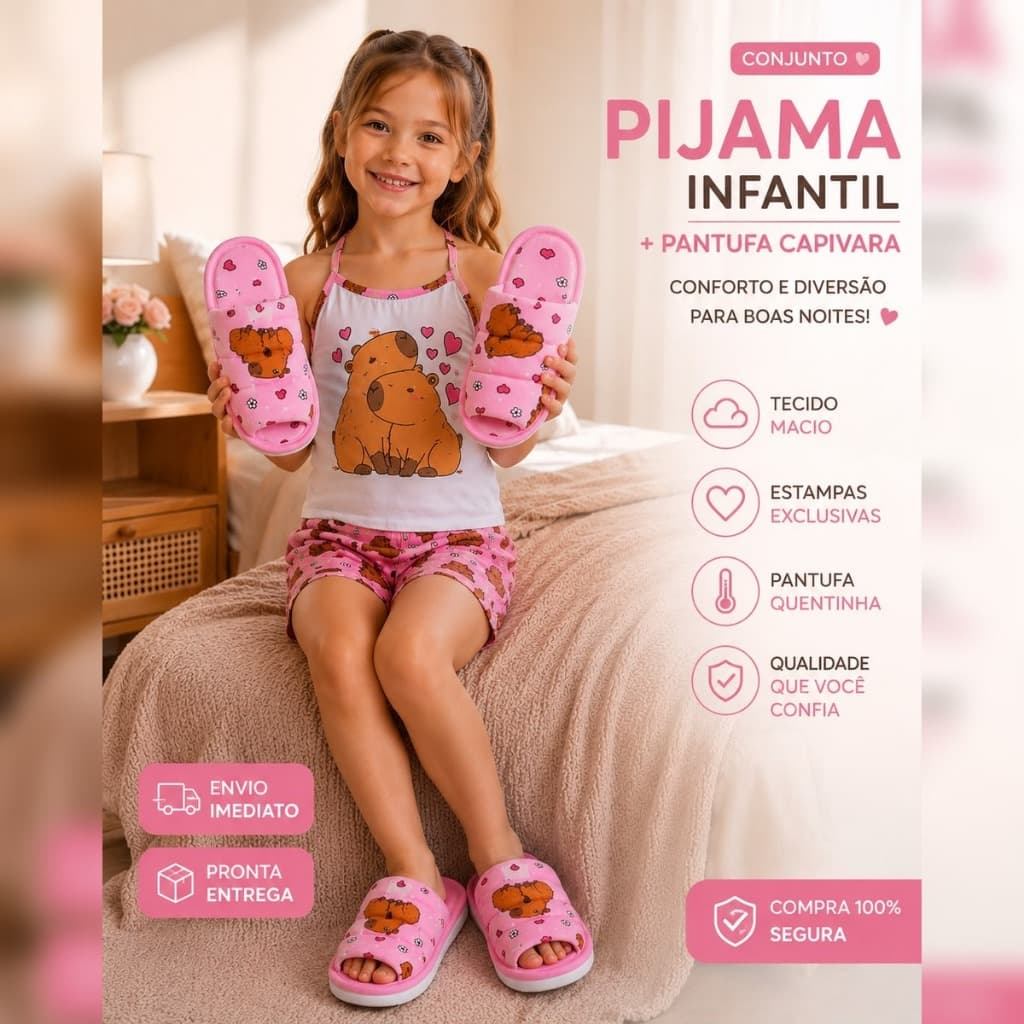 kit 1 short doll alcinha infantil + 1 pantufa verao personagens blogueira capivara de dormir pijama feminino INFANTIL