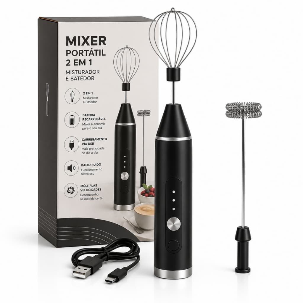 Mixer Elétrico Portátil Com 2 Batedores 3 Velocidades Usb Bmax Preto Bivolt