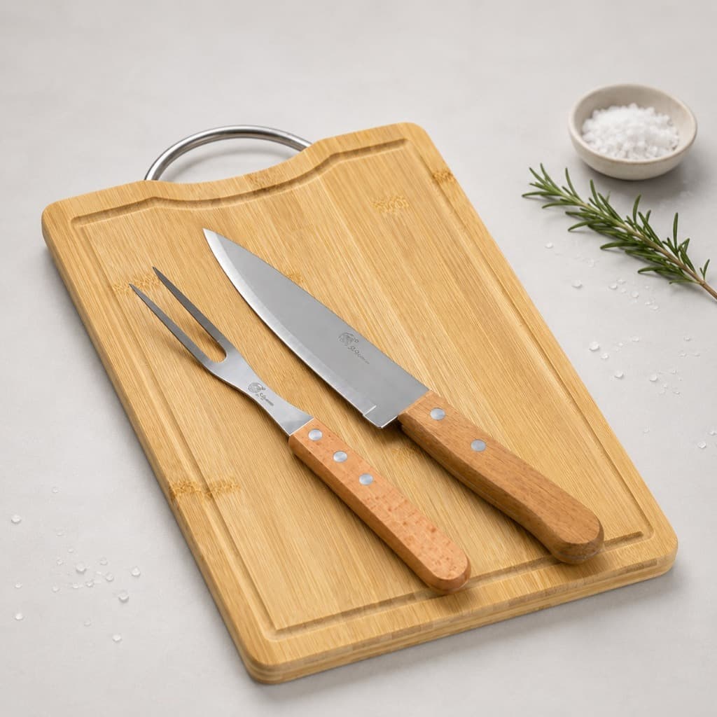 Kit Churrasco 3 Peças Faca Garfo Tábua Bambu 32 cm c/ Sulco e Alça Aço Inox - Cabos em Madeira