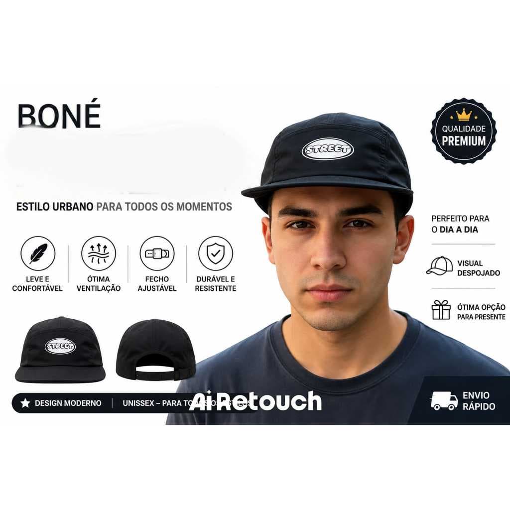 Boné Fitão Premium Aba Reta Street Preto