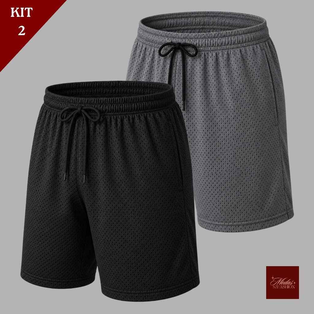 S2 Modas Kit 2 Bermudas Masculina Forrada Dry Fit Esportiva Furadinha Respirável e Confortável do M ao G1