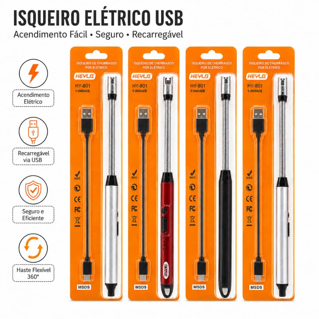 Isqueiro Elétrico Recarregável USB Pescoço Flexível 360° Acendedor de Churrasqueira Velas Fogão Sem Gás