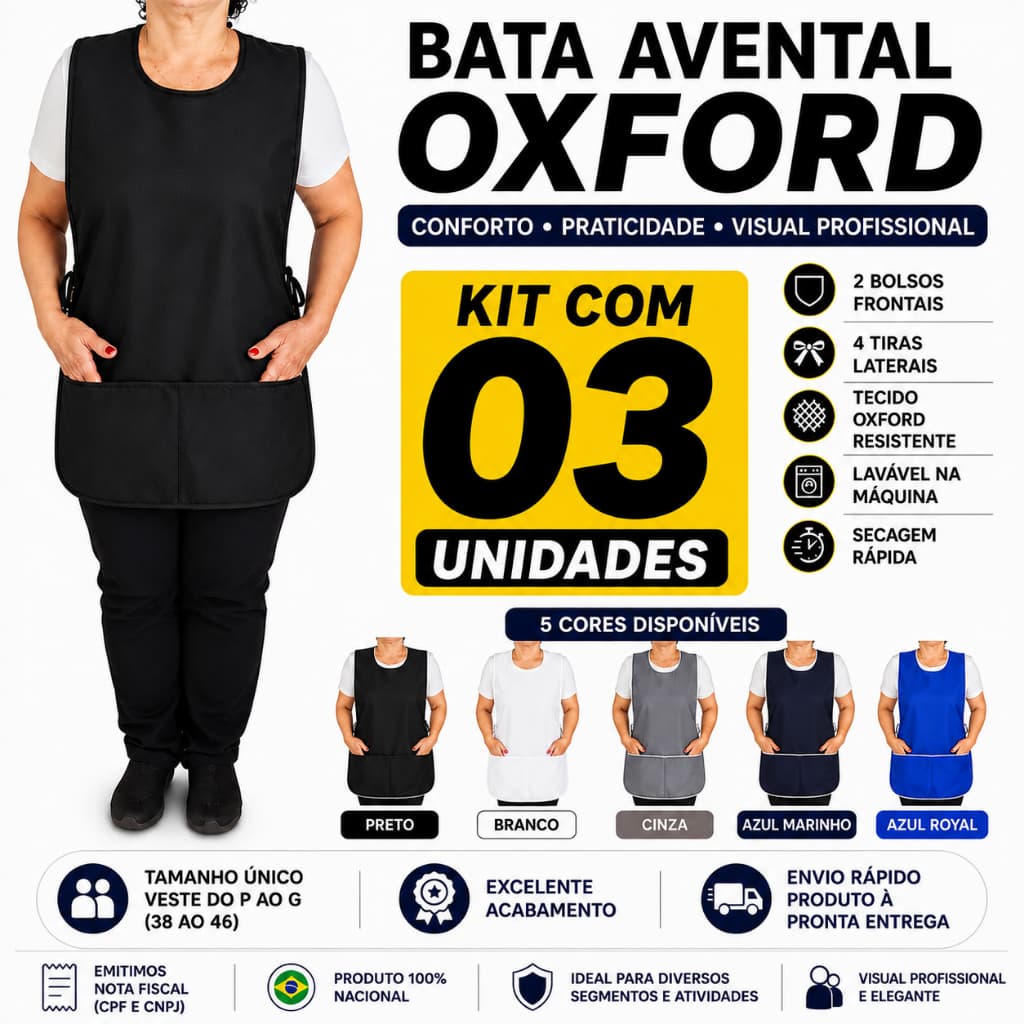 03 Kit Avental Bata Jaleco Feminino Uniforme Com 2 Bolsos