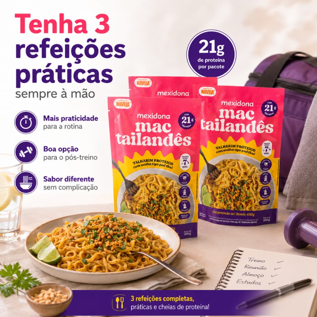 Kit 3 Macarrão Proteico Instantâneo Vegano Sem Glúten Pad Thai Mac Tailandês 100g Mexidona