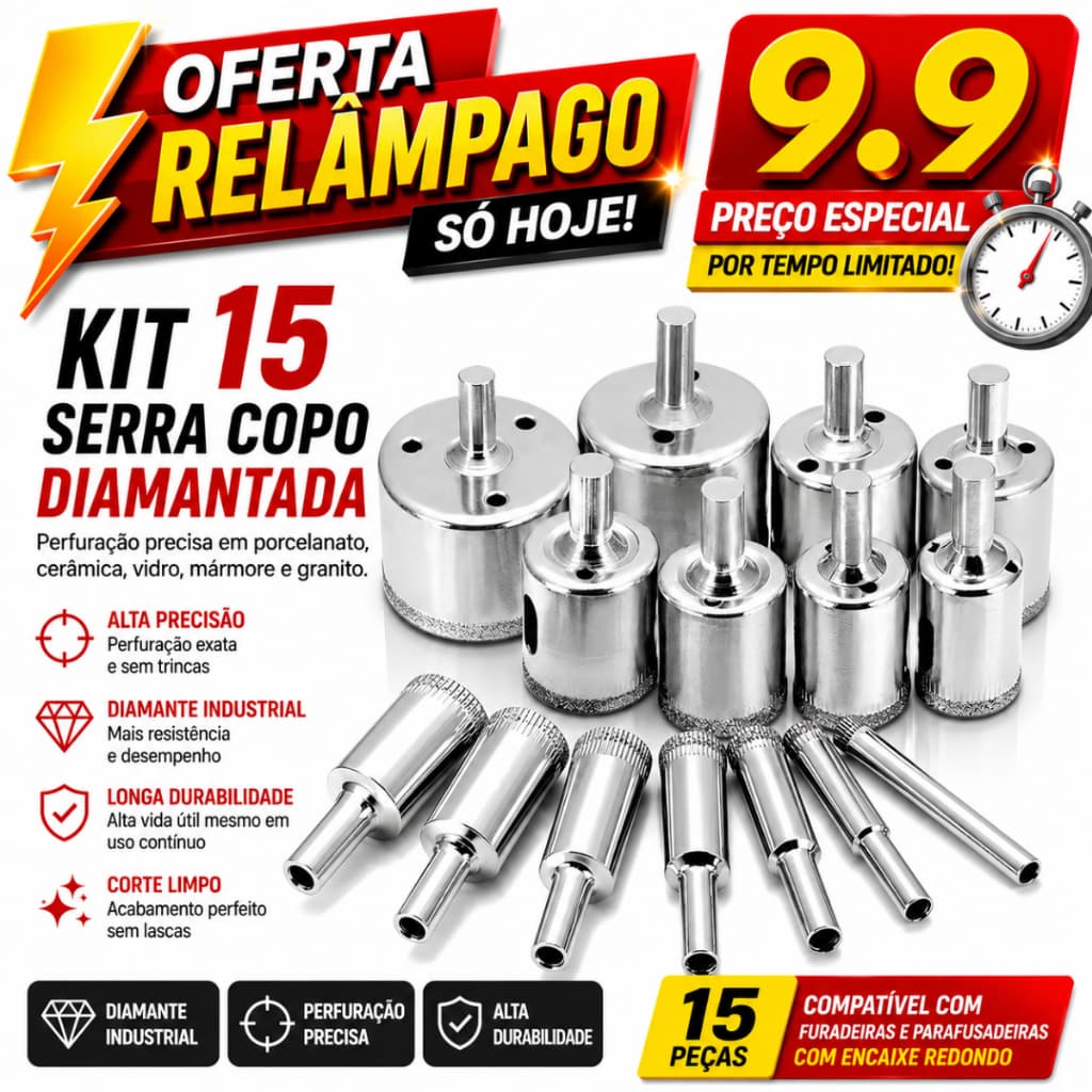 Kit 15 Brocas Serra Copo Diamantadas 3 a 50mm Para Porcelanato Cerâmica Vidro Granito Mármore Azulejo Furadeira Profissi
