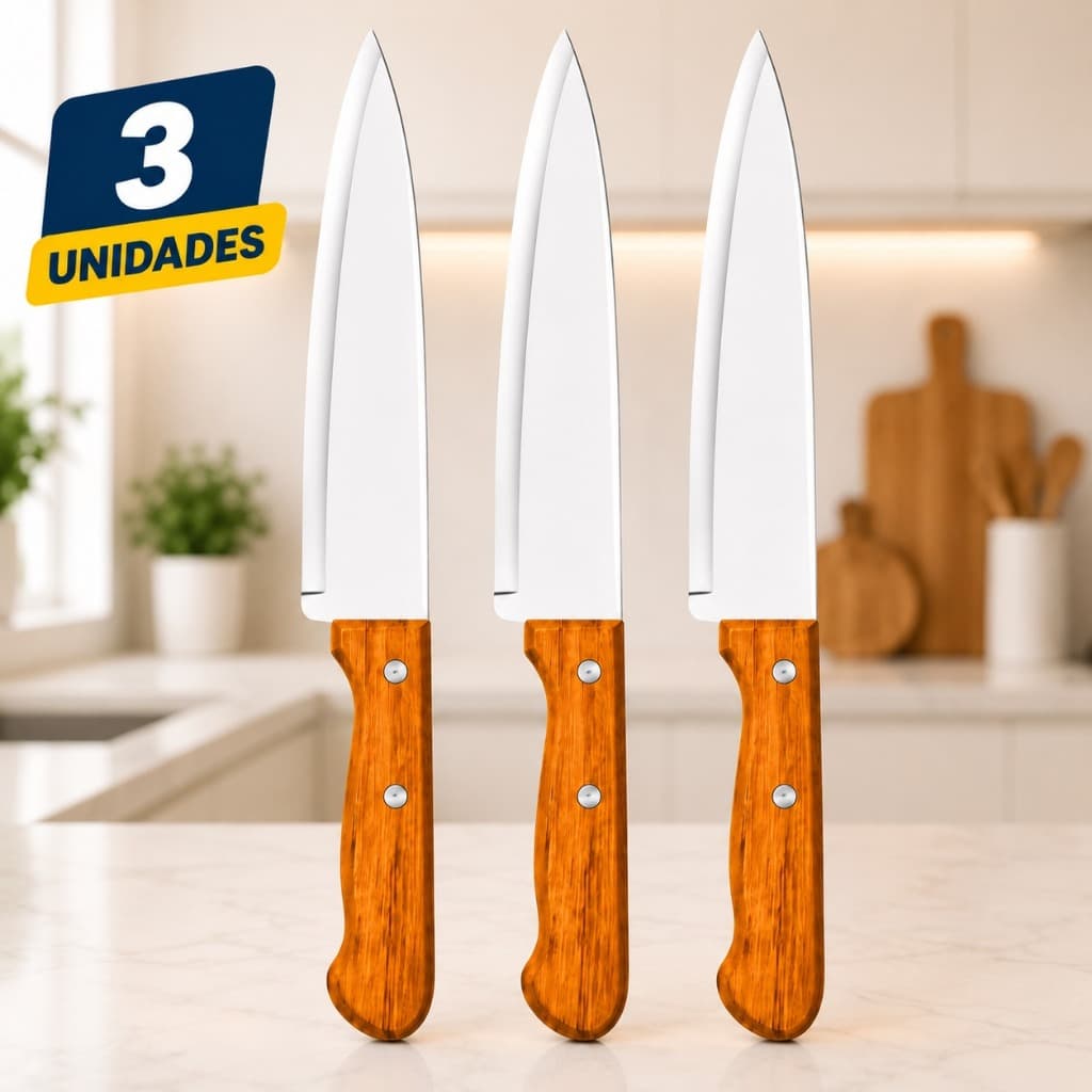 3 Facas De Cozinha 6” 26cm Aço Inox Cabo De Bambu Afiada Para Carnes Churrasco Legumes Profissional