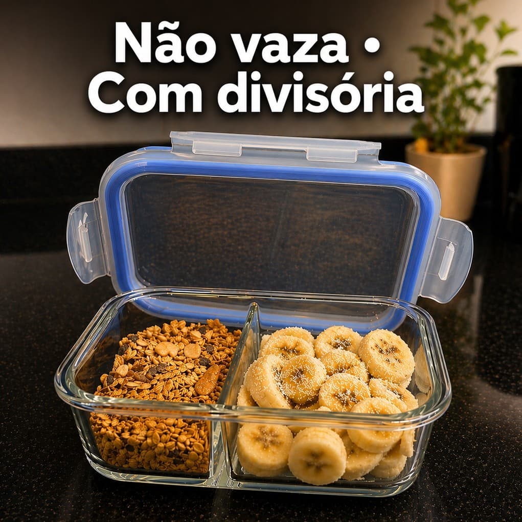 Marmita de Vidro 1040ml Grande Premium com Divisória • Hermética Não Vaza • Microondas Forno Freezer