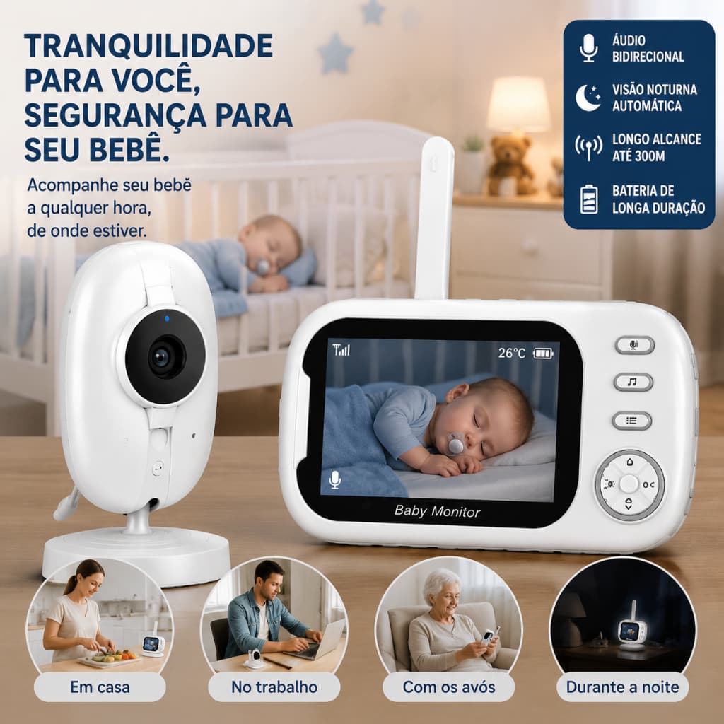 Monitor de Bebê com Câmera HD 720P, Visão Noturna, Áudio Bidirecional, Tela LCD, Alcance 300M e Bateria Longa Duração