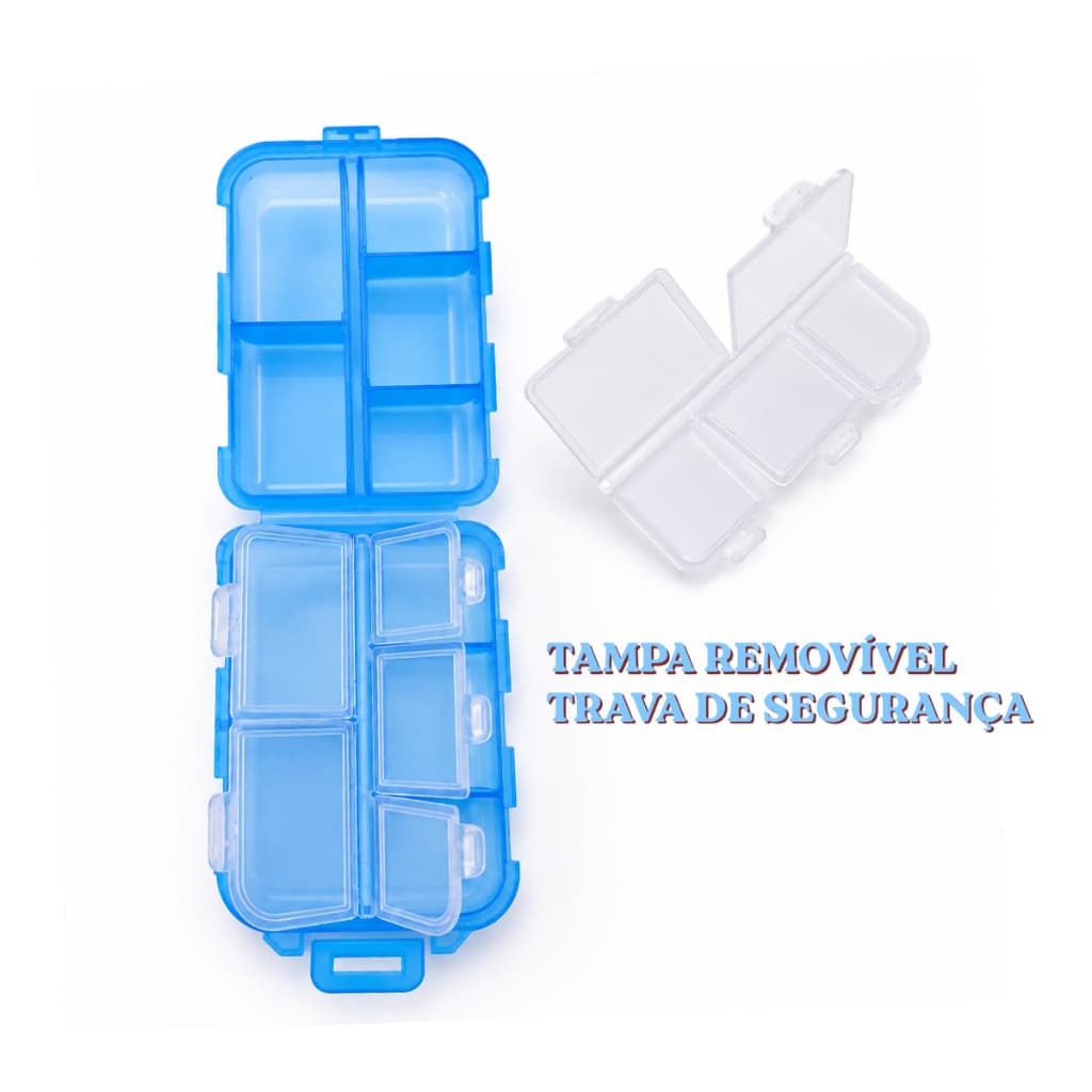 PORTA COMPRIMIDOS COMPACTO - 10 COMPARTIMENTOS - COM TAMPA REMOVÍVEL E TRAVA DE SEGURANÇA