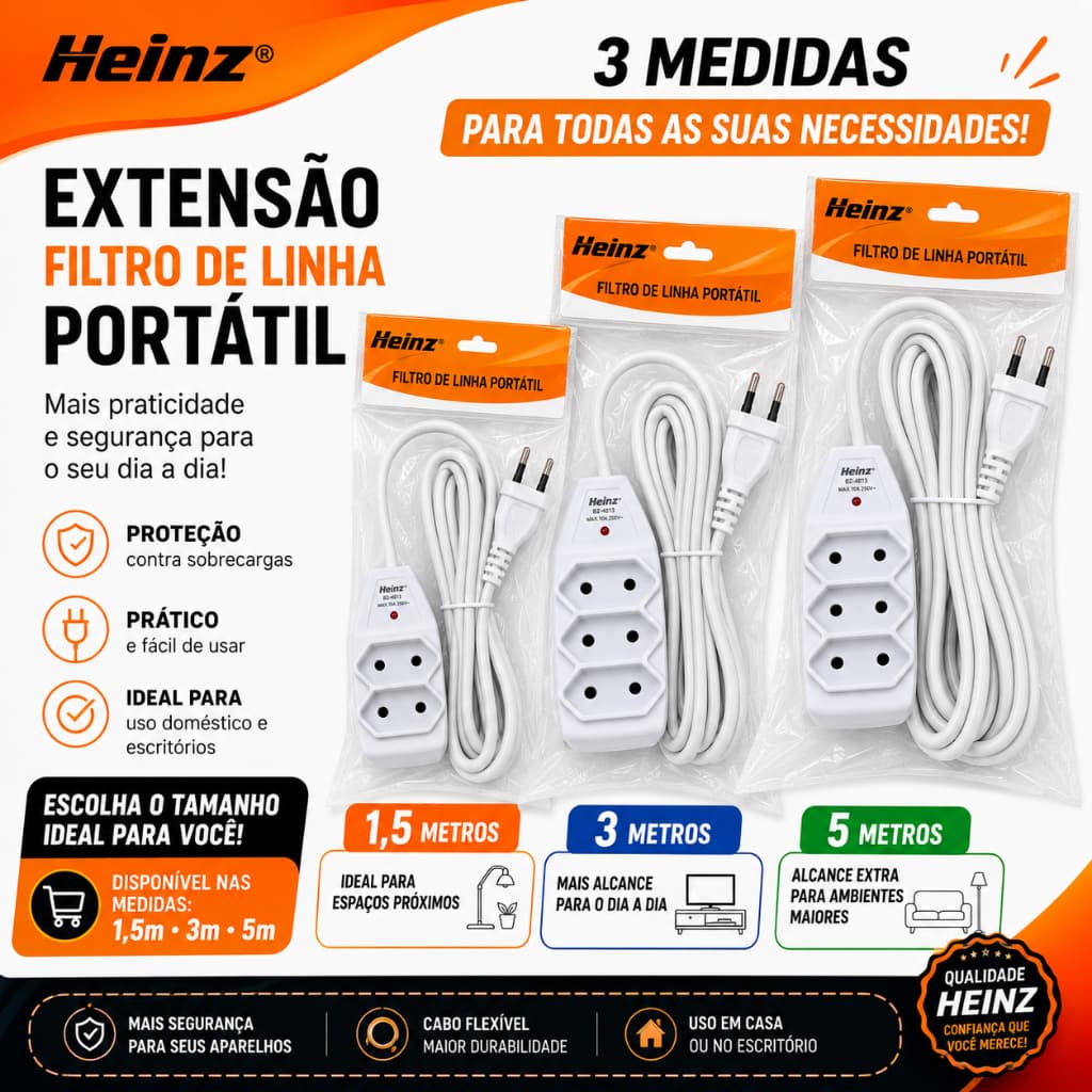 Extensão Elétrica Filtro de Linha 3 Tomadas Cabo 1,5m 3m ou 5m