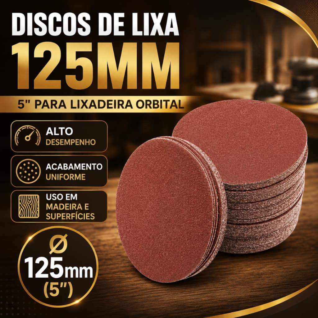 Kit Disco Lixa Velcro 125mm Lixadeira Roto Orbital Madeira Massa Metal Polimento Auto