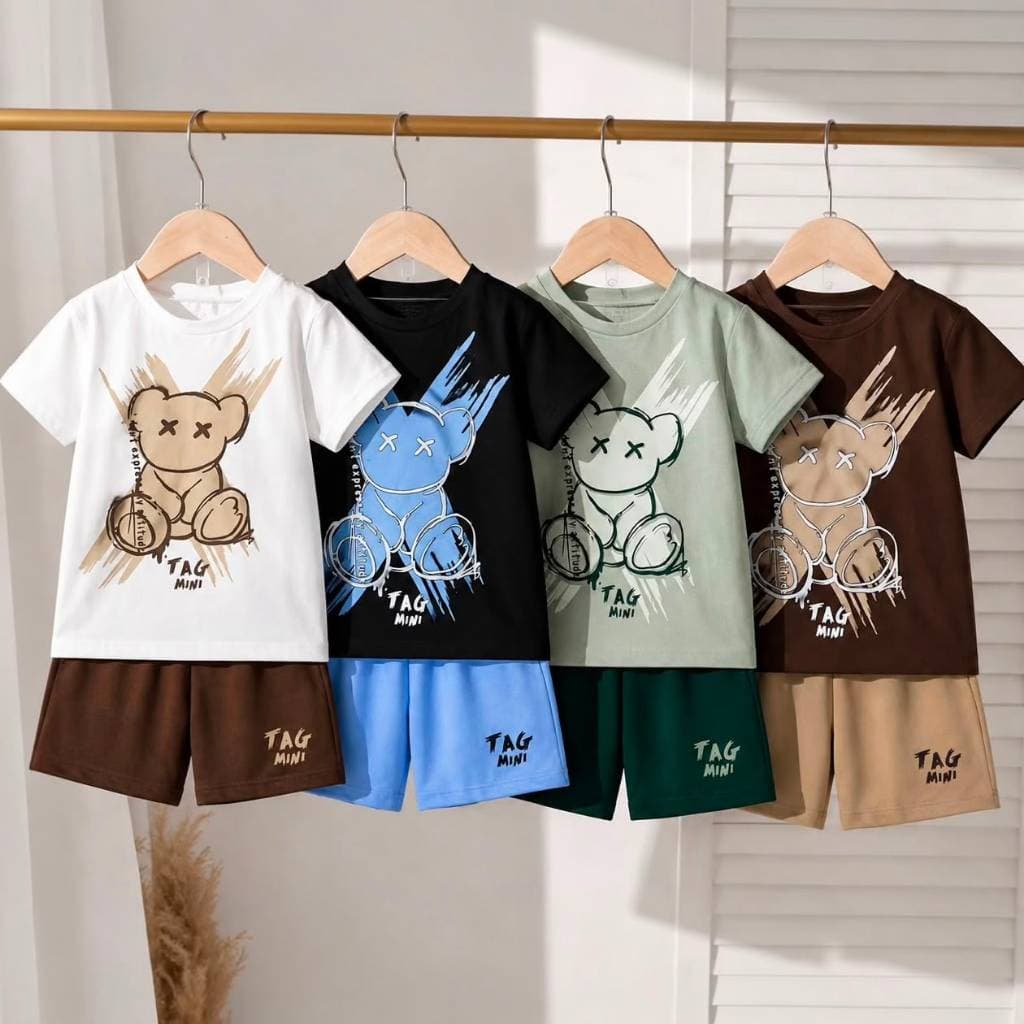 Conjunto Infantil Masculino Camiseta Algodão Urso e Shorts de Moletinho 2 ao 14 anos perfeitos para o verão