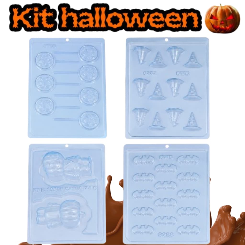 Kit 4 Formas Simples Halloween/Dia das Bruxas BWB Jack abóbora, Pirulito Aranha, Morcego, Chapéu de Bruxa
