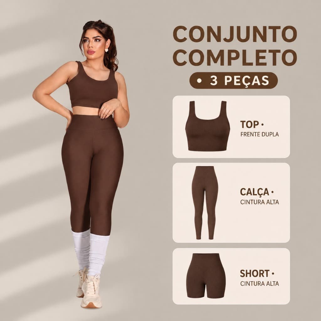 Trijunto Fitness Feminino Kit 3 Peças Calça Leg + Short + Top