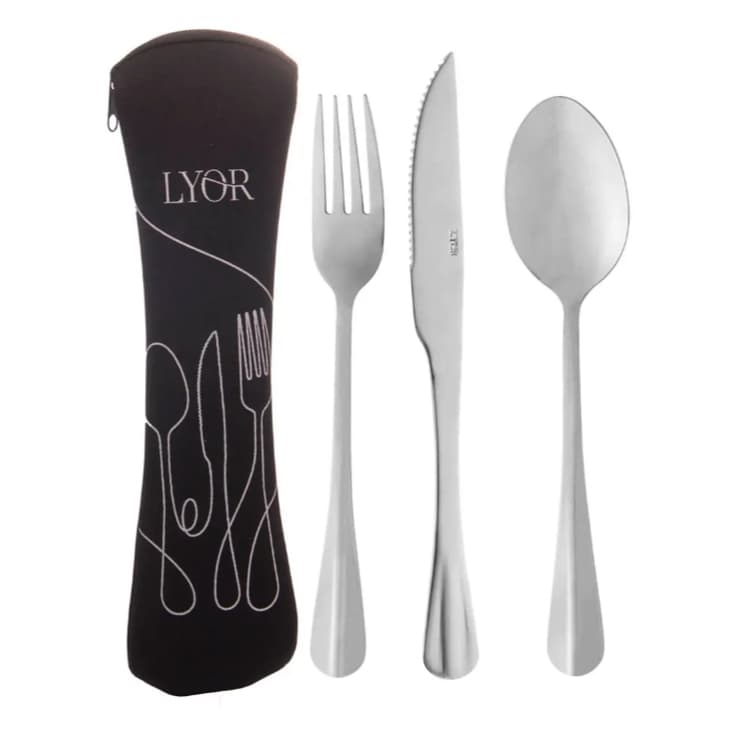 CONJUNTO 4 PEÇAS ESTOJO DE NEOPRENE PRETO COM 3 TALHERES POSITANO AÇO INOX