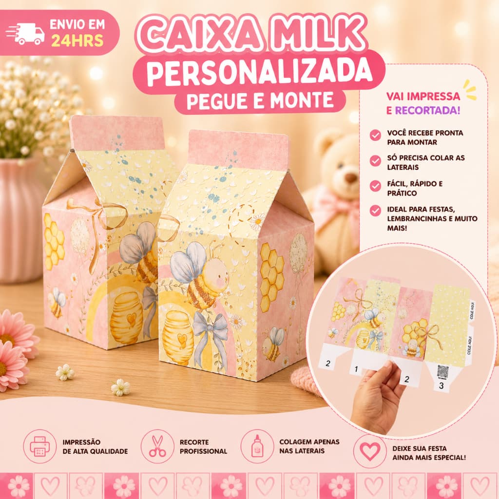 Kit 10 Caixa Milk Abelhinha Personalizados /Lembrancinha de Festa /Aniversário / PEGUE E MONTE