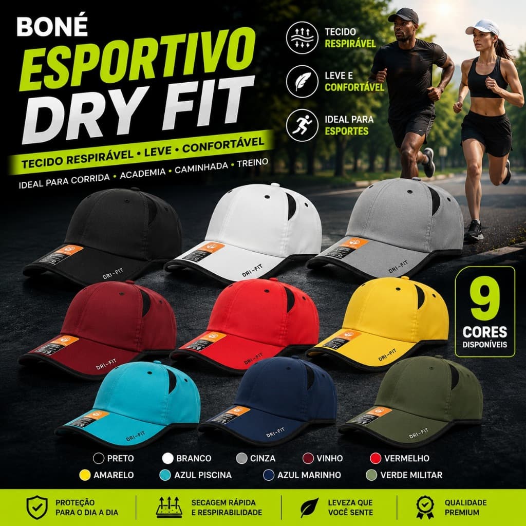 Boné Esportivo Dry Fit Premium Respirável com Velcro  Corrida Academia Caminhada Treino