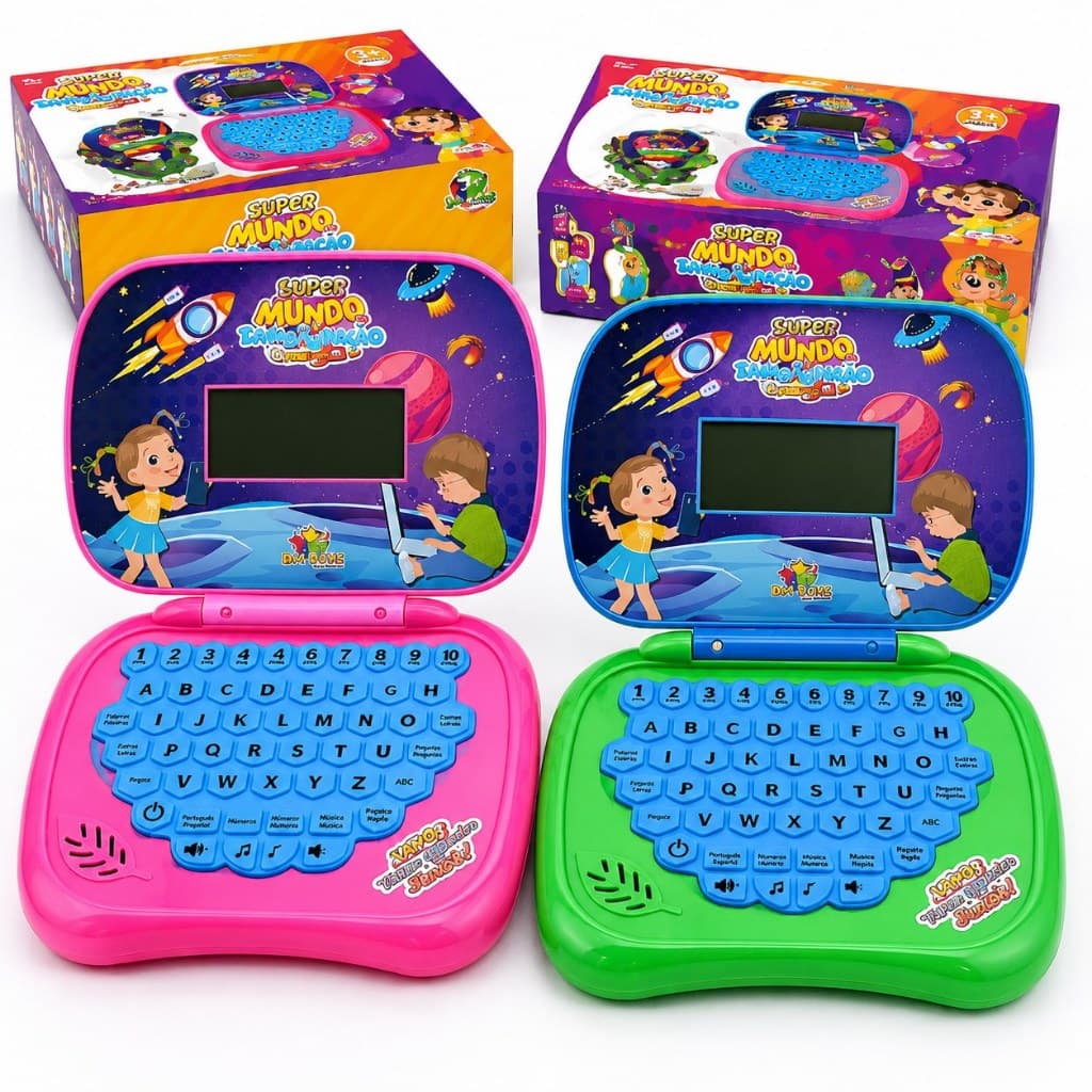 Laptop notebook Educativo Infantil Bilíngue 2 em 1 Azul Menino Inglês Espanhol Brinquedo Didático Som Luz