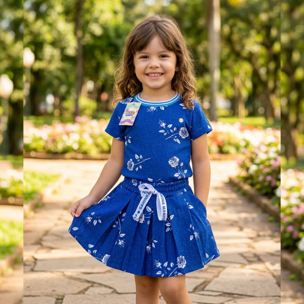 Conjunto Azul Saia e Blusa  Infantil Menina Inverno moda infantil Feminina look casual tamanho 4 estiloso blogueirinha