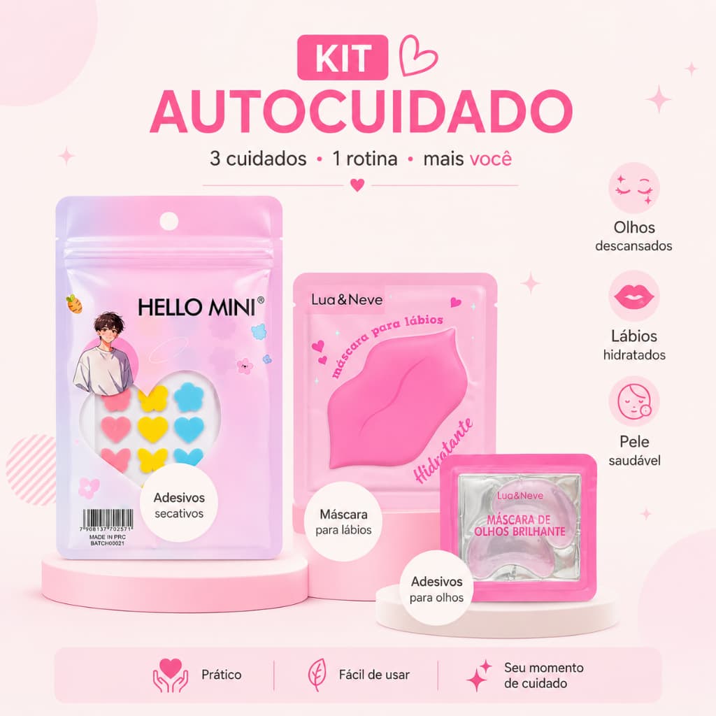 Kit Autocuidado 3 Itens | Máscara para Olhos + Máscara Hidratante para Lábios + Adesivos Secativos para Espinhas
