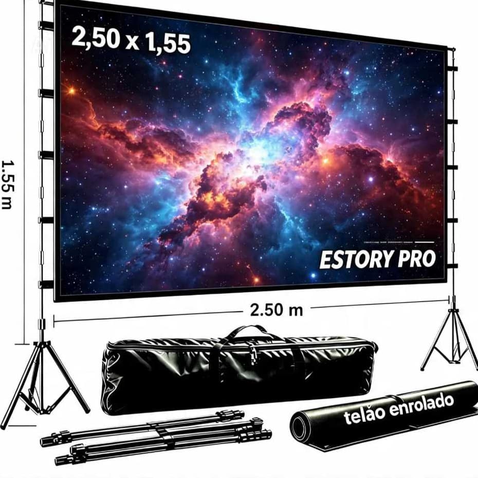 Kit Tela Para Projetor Estory 2,50x1,55m Com Estrutura  Gamer Pro 4k Full Hd Todos Projetores  e Ambientes  Kit Completo