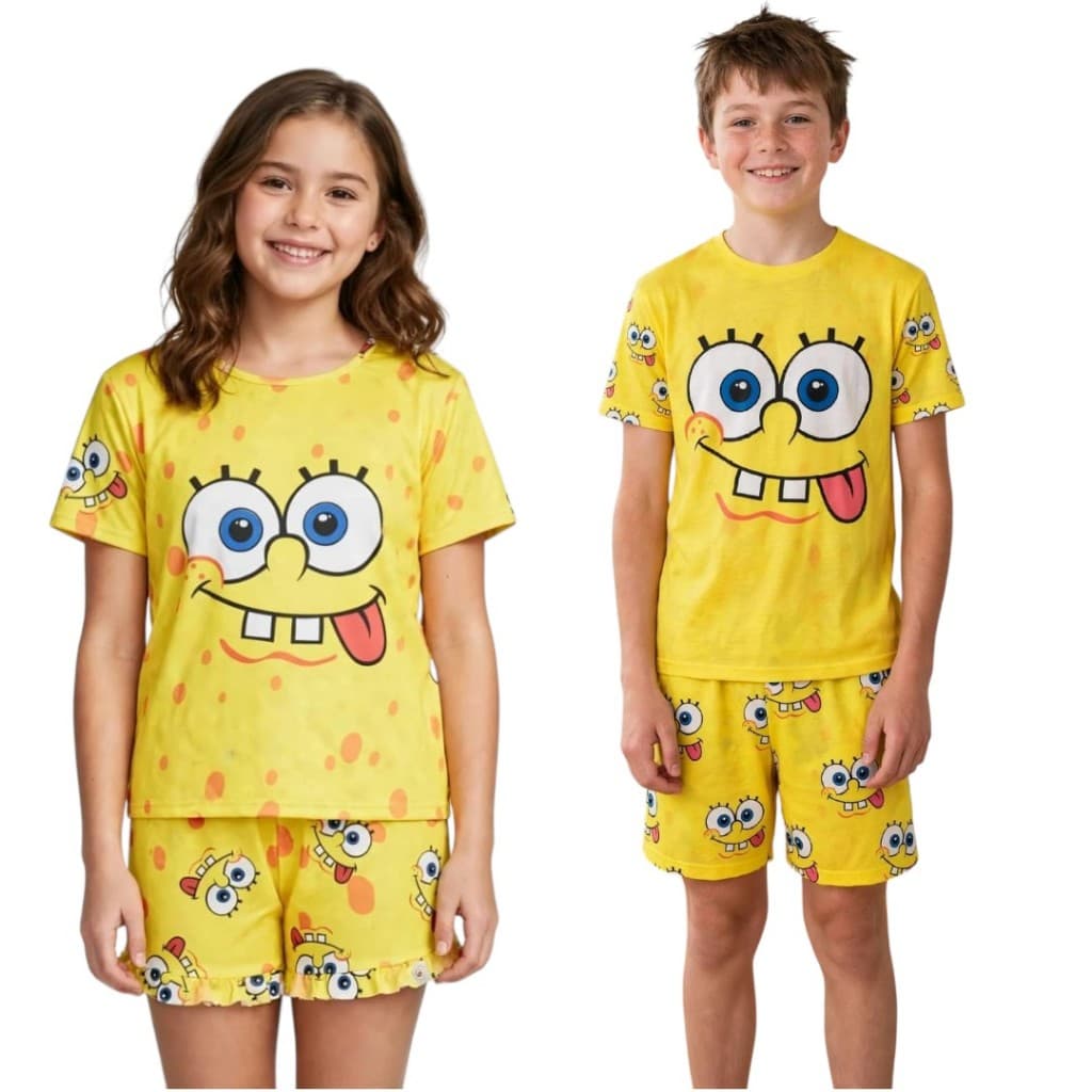 pijama infantil de bob esponja verão conjunto baby doll blusa e shotrs para dormir personagens luxo