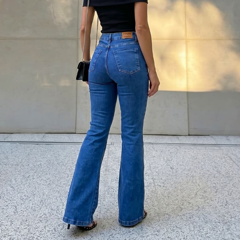 Calça Flare Jeans Feminina Azul Cintura Alta com Elastano Premium Levanta Bumbum