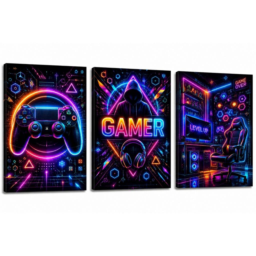 Kit De Quadros 3 Peças Para Quartos Gamer Decoração Gamer Controles Cadeiras Gamer Coloridos