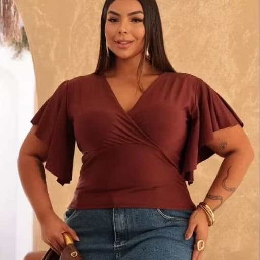 Blusa feminina plus size manga morcego transpassada