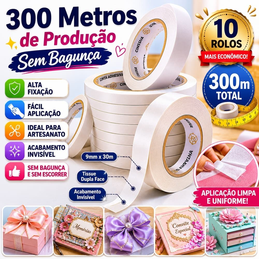 Dupla Face Tissue Hot Melt 9mm x 30M 10 rolos Alta aderência com acabamento invisível