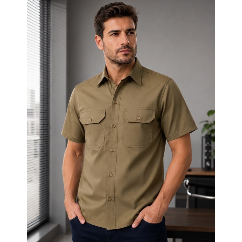 Camisa Social Masculina Worker Manga Curta 2 Bolsos Sarja 100% Algodão Uniforme Pronta-Entrega