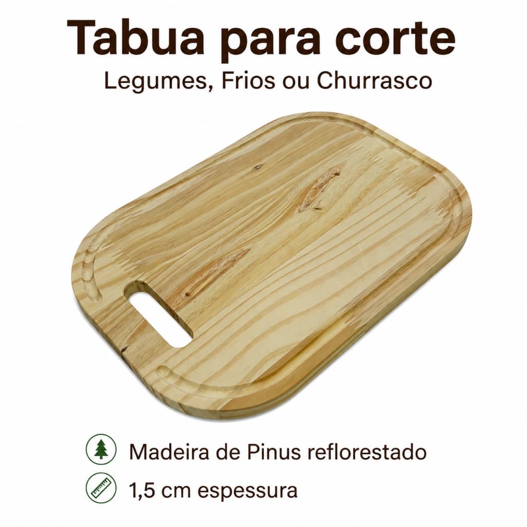 Tábua de Corte Madeira Pinus com Canaleta Alça Vazada 24x34cm