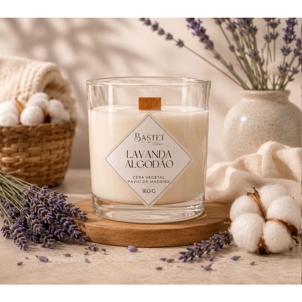 Vela Aromática Lavanda Algodão | Perfumada | Pavio de Madeira | 160 gramas | Cera de Coco | Vegetal
