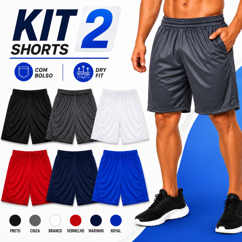 Kit Shorts Masculino Dry Fit com Bolso Academia Esportivo Corrida Treino Fitness