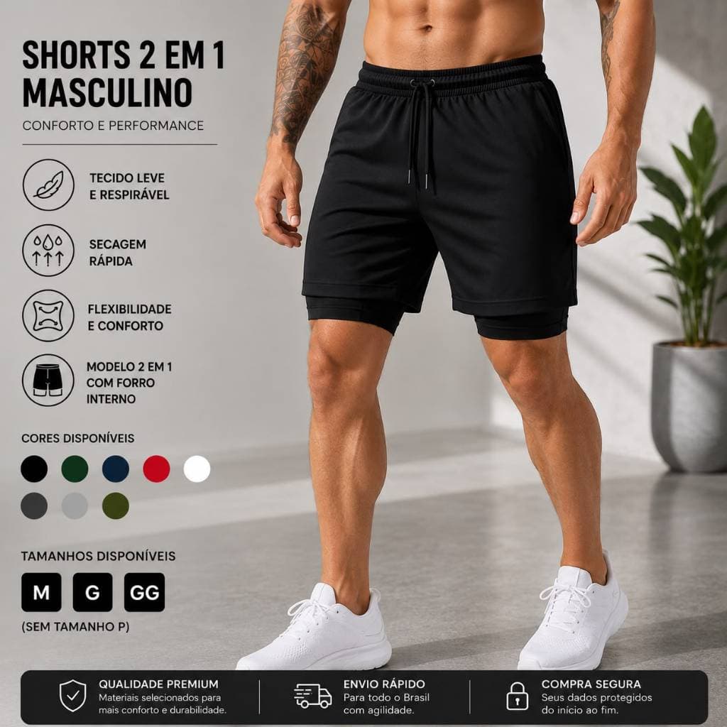 Bermuda 2 Em 1 Masculina Strong Esportiva Com Bolso no Forro Para Celular