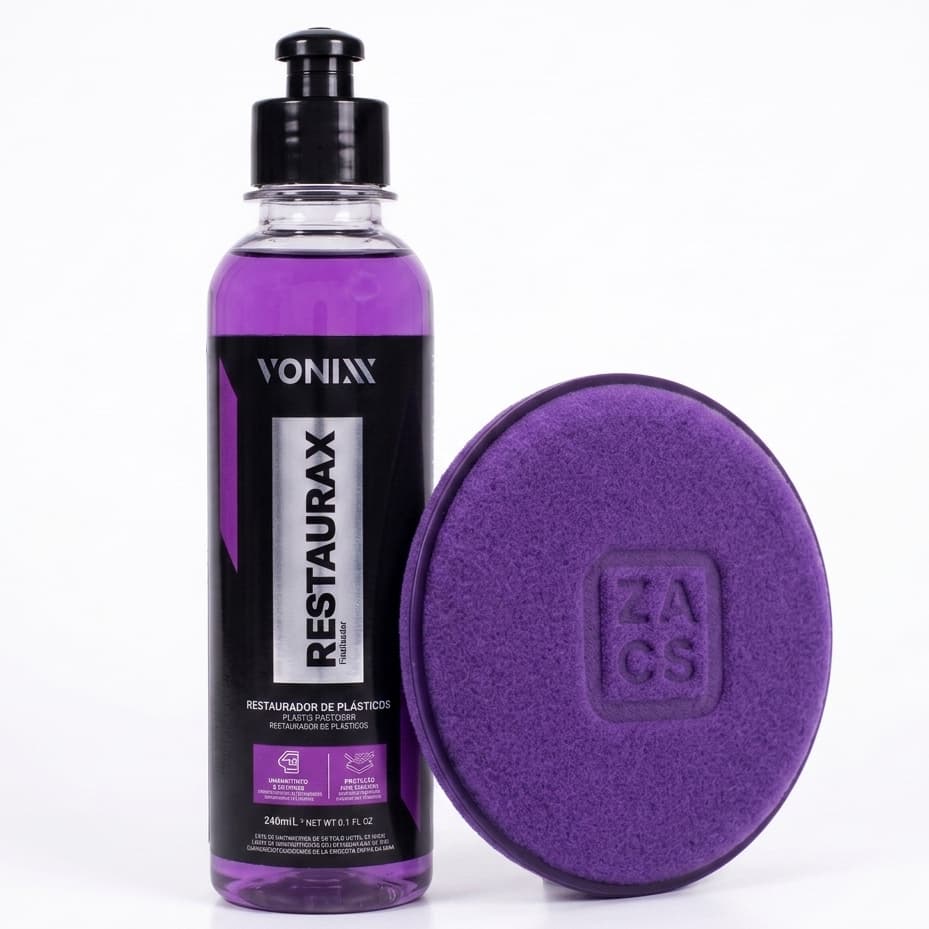Kit Restaurax 240ml Vonixx + Aplicador de Espuma Zacs Restaurador de Plástico Carro Moto