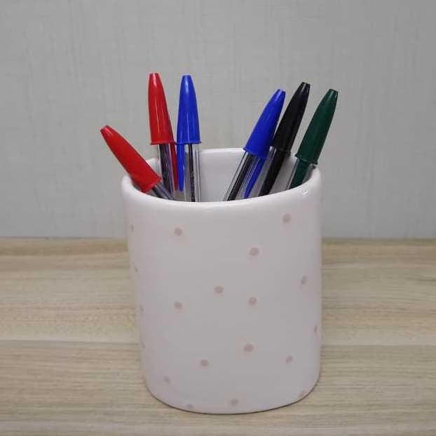 Porta Lápis de Cerâmica, Porta Pentes, Porta Escovas de Dente, Branco com Poá Rose