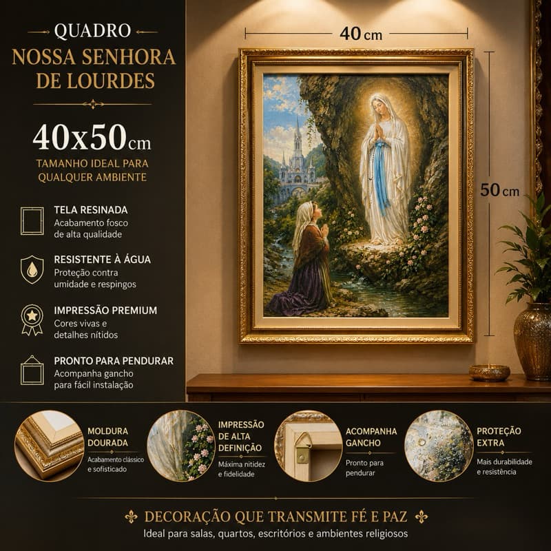 Quadro Nossa Senhora de Lourdes 40x50cm Premium Tela Resinada Religioso Católico Decoração Fé Proteção Presente