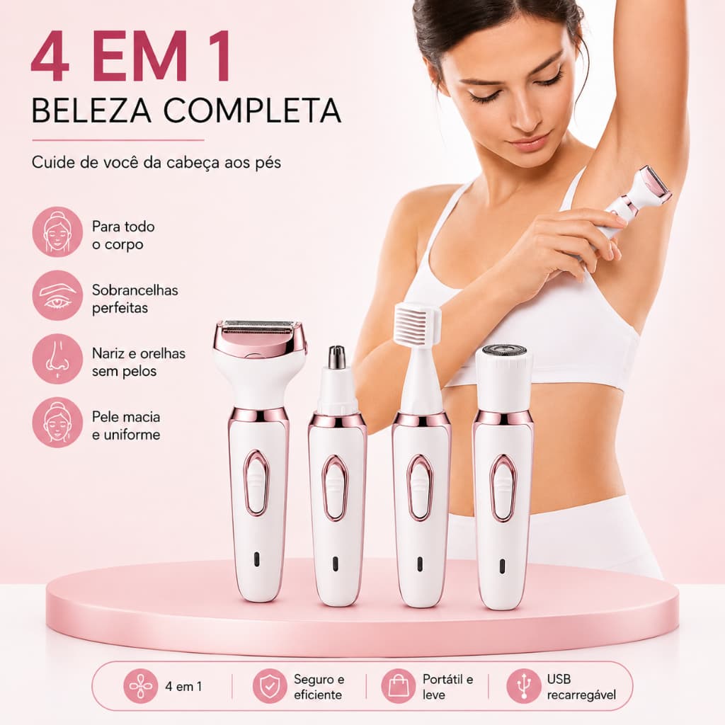 Depilador Feminino 4 em 1 Recarregável USB Aparador Corporal Facial Sobrancelha e Nariz com Cabeças Laváveis