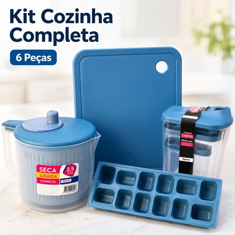 Kit Cozinha Completa Xplast 6 Peças Seca Salada Centrífuga 2,5L + 3 Potes + Tábua de Corte + Forma de Gelo