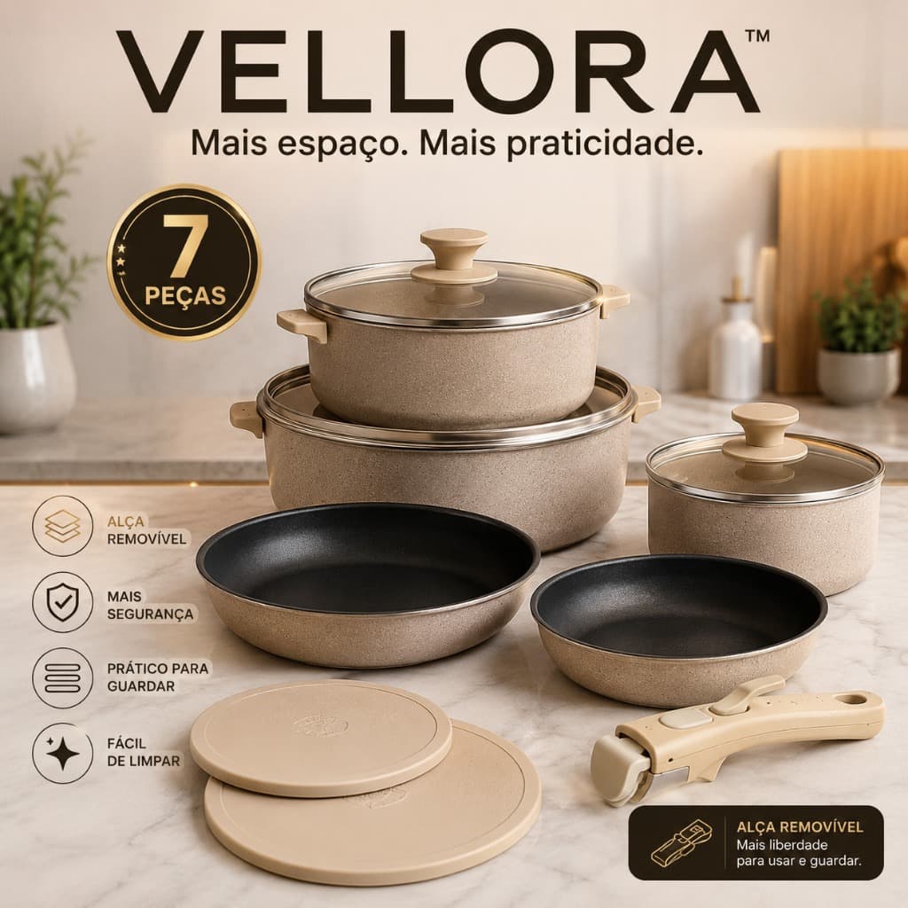 **Jogo de Panelas Vellora 7 Peças com Alça Removível, Tampas de Vidro e Silicone, Conjunto de Panelas Antiaderentes para