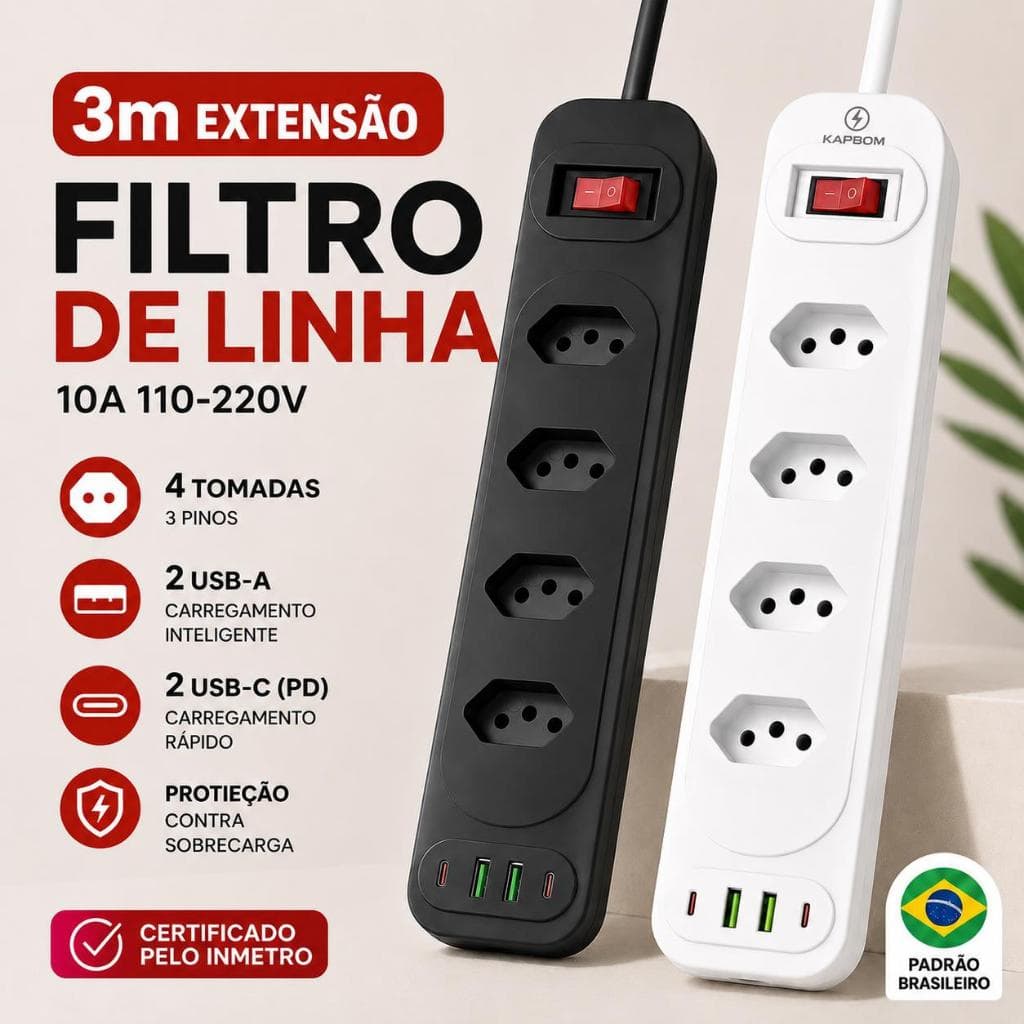 Filtro De Linha 3M com 4 Tomadas e 4 Portas USB (2 Tipo-C Carregamento Rápido) | Bivolt 110/220V