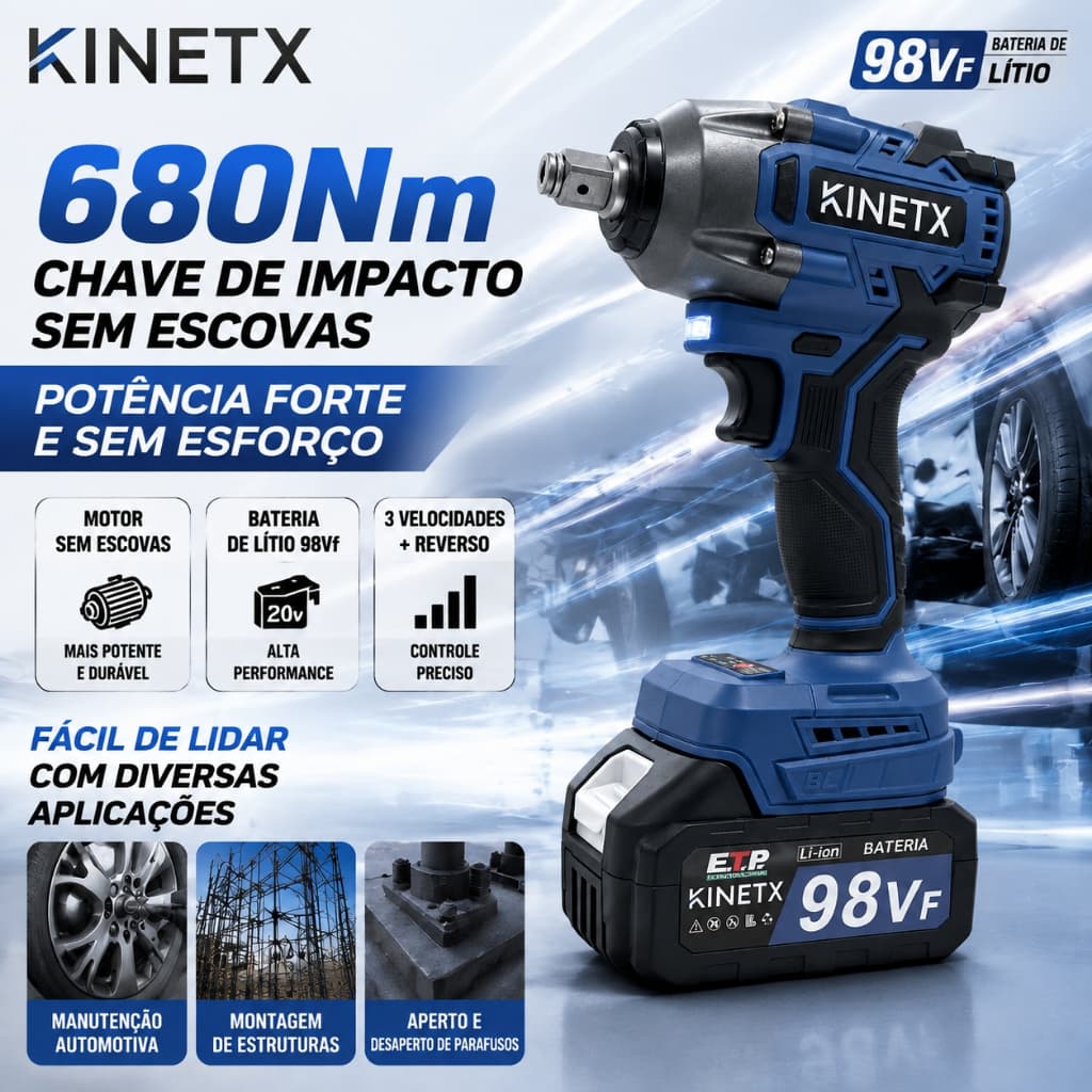 Chave De Impacto 680Nm KINETX Motor Brushless Bivolt Profissional + 2 Baterias 98Vf Com Maleta
